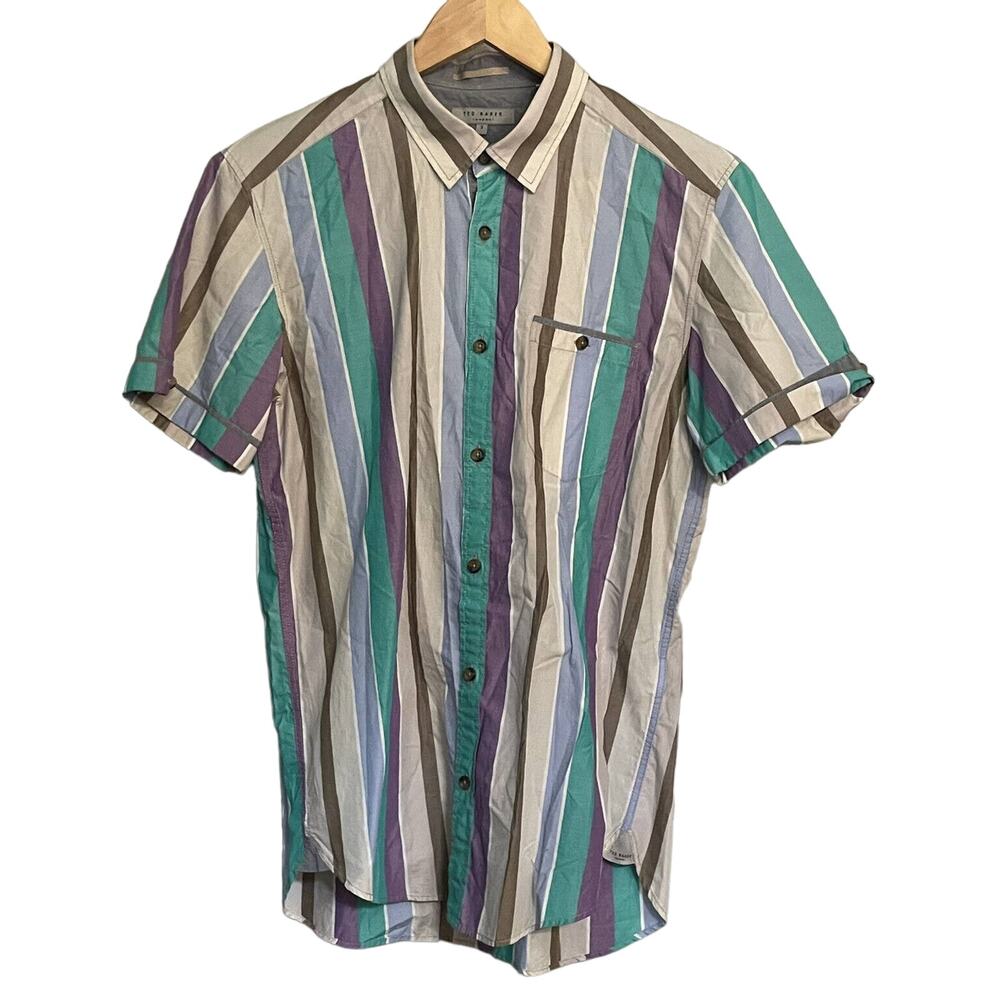Ted Baker Shirt Colorblock Stripe Button Up Short Sleeve Men’s Sz 3 EUC